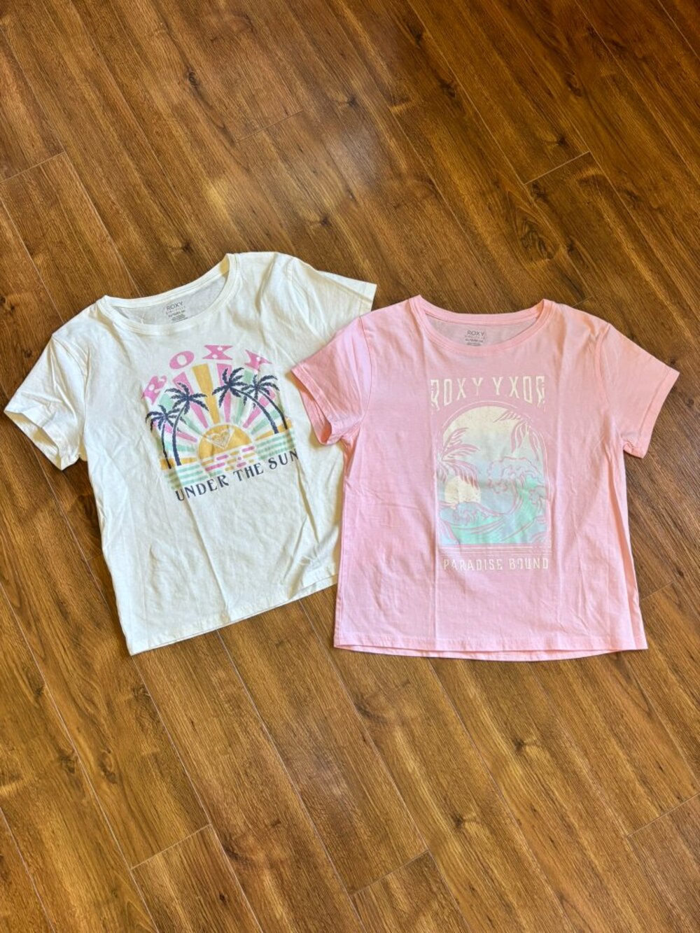 Set of 2 Roxy Girl Graphic Print T Shirts XL 16 100% Cotton Sun Paradise Beach